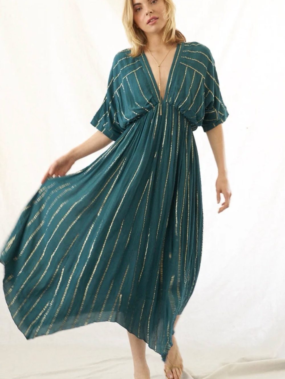 En Crème Cotton V-neck Metallic-Stripe Maxi Dress Size S/L
